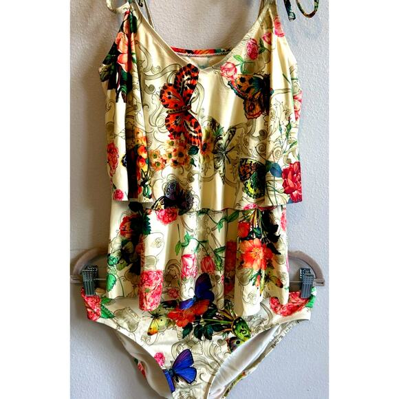 Johnny Was Bikini SwimSuit M Floral Butterflies Ruffles Boho Gypsy Resort Aloha - Picture 8 of 13